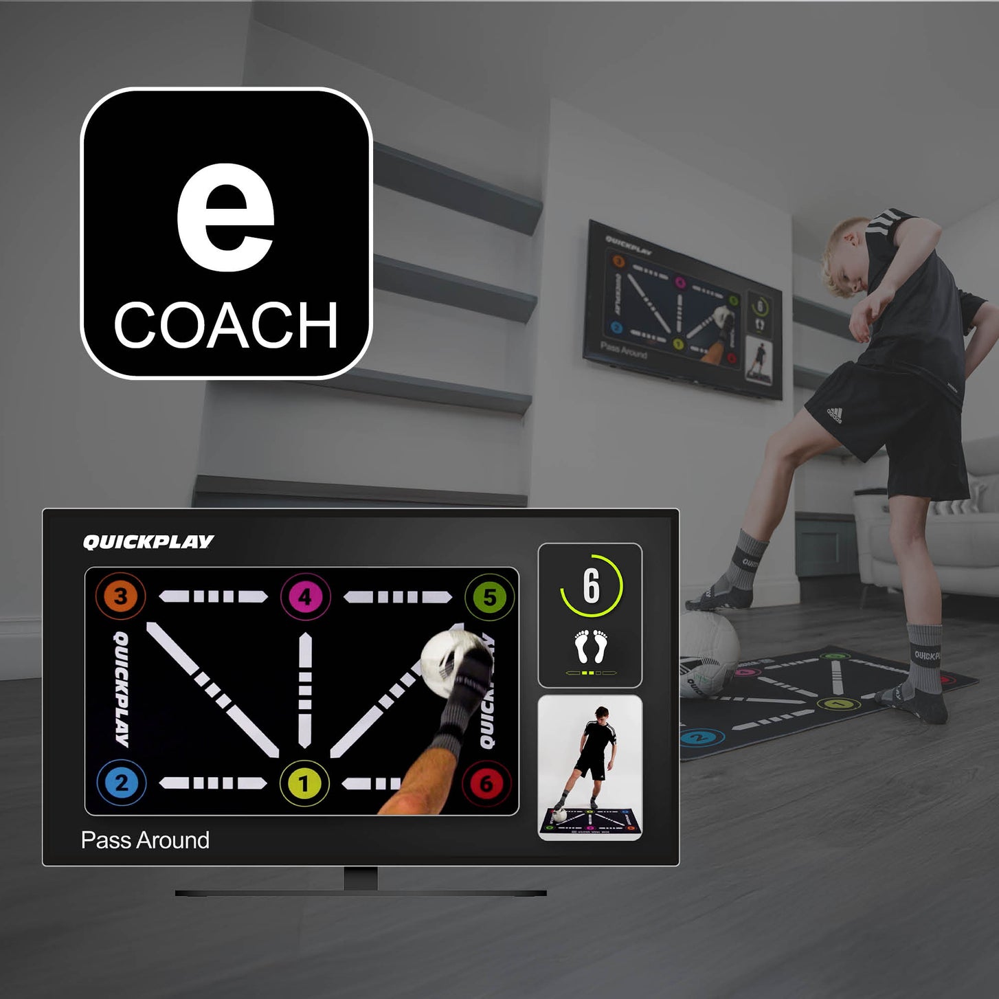 Grafica e COACH del tappetino da calcio per il controllo palla: schermo TV con l'esercizio "Pass Around", bambino che si allena sul tappetino.
