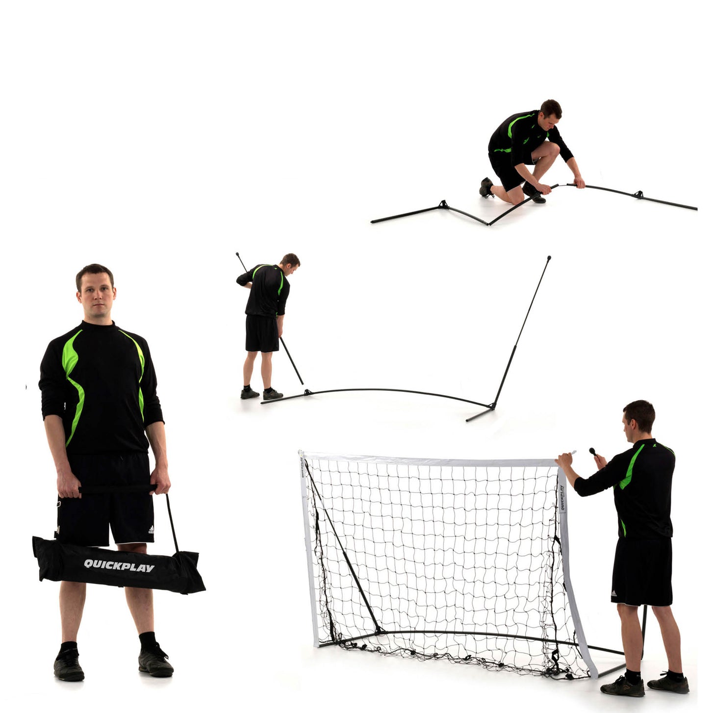 Sequenza di montaggio della porta KICKSTER Elite 500 x 200 cm su sfondo bianco, un uomo che svuota la borsa e monta una piccola porta.