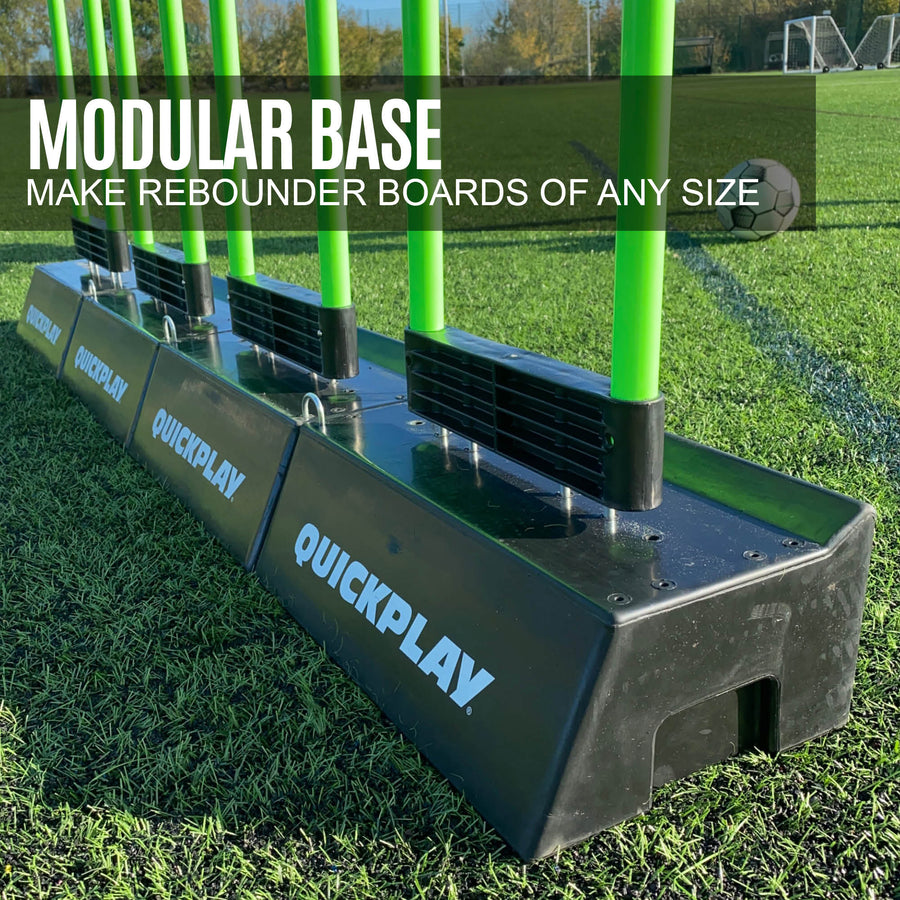 Pannelli di rimbalzo a doppio angolo REPLAY Block uniti in fila con aste verdi inserite, con la scritta "make rebounder boards of any size".