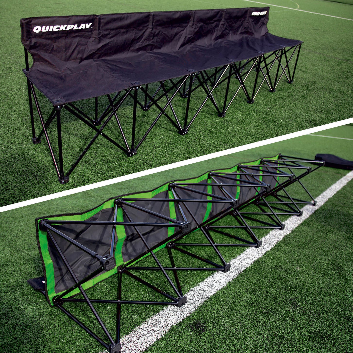 Due viste della panchina PRO Bench 6 posti su erba sintetica: aperta in piedi e distesa sullo schienale per mostrare il telaio.