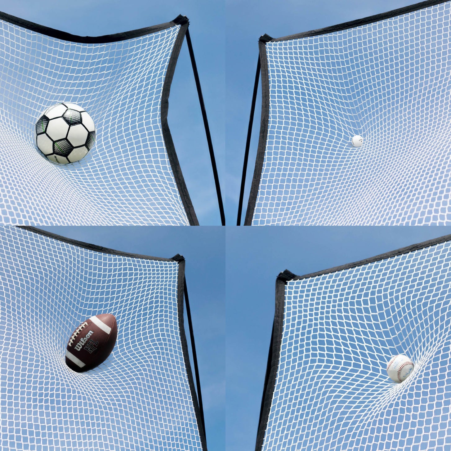 Primi piani in quattro riquadri della MEGA NET 370 x 270 cm che ferma un pallone da calcio, una pallina da golf, un pallone da football americano e una palla da baseball.
