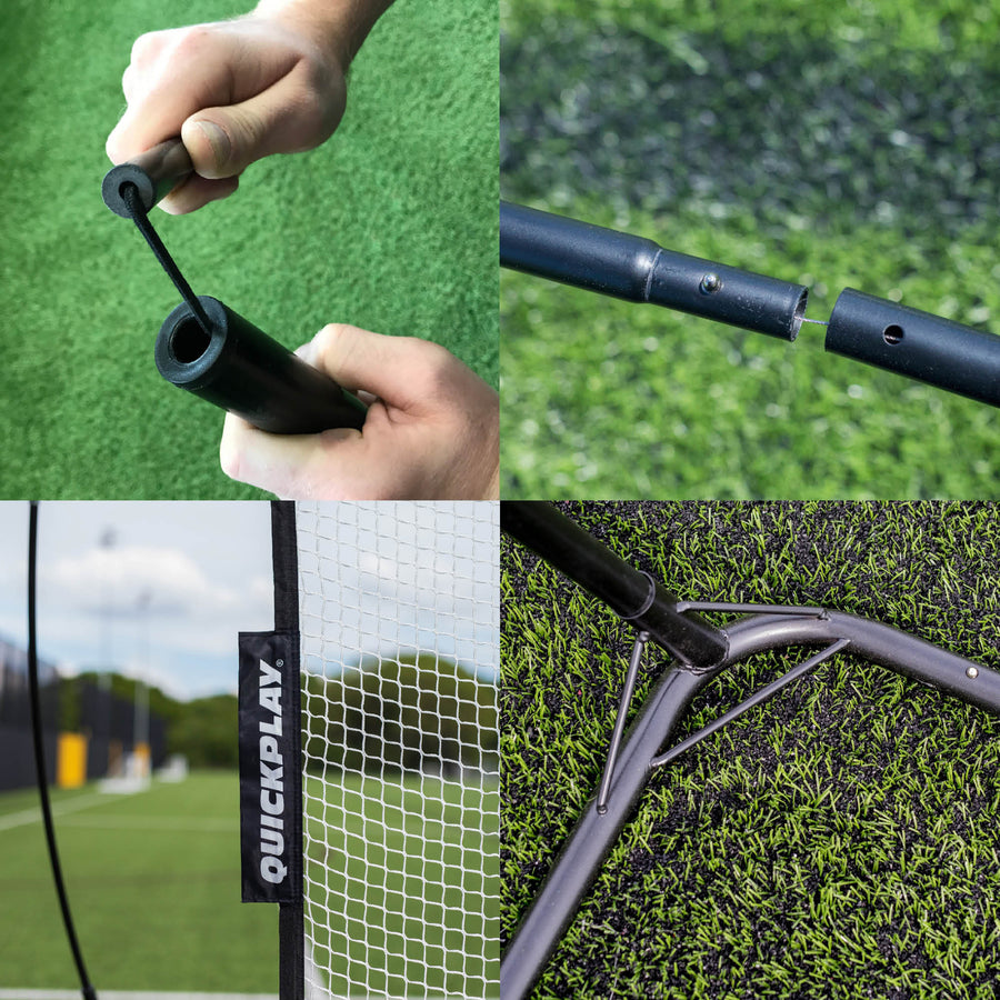 Primi piani in quattro riquadri della MEGA NET 370 x 270 cm: mano che unisce due sezioni delle aste, un connettore, l'etichetta QUICKPLAY e un giunto della base.