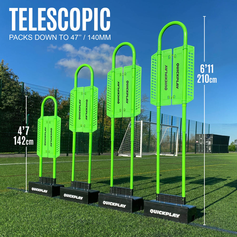 Sagoma difensore REPLAY con base Block, grafica telescopica: quattro sagome in basi regolate ad altezze da 142 cm a 210 cm.