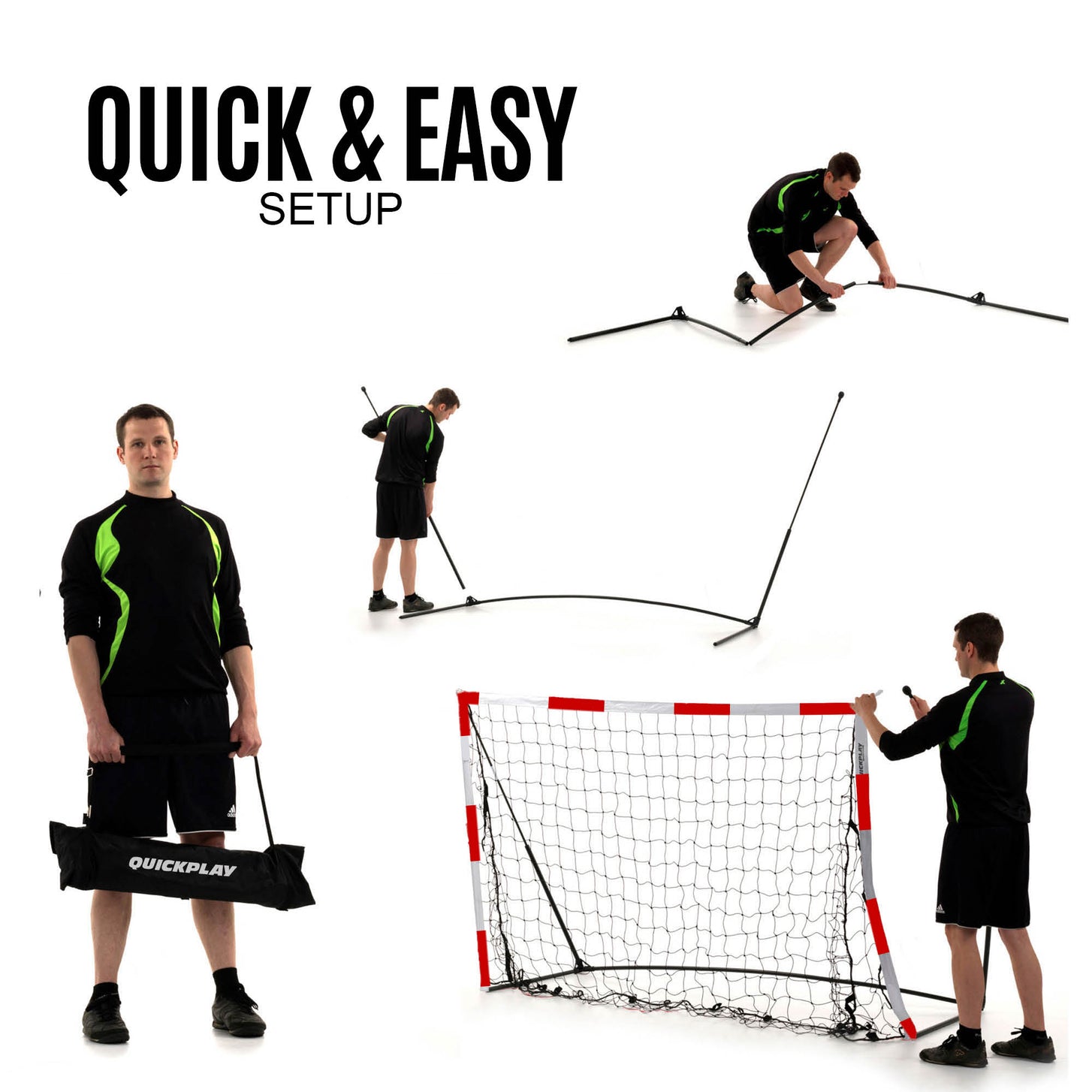 Fasi di montaggio della porta da pallamano portatile per bambini 240 x 170 cm: un uomo porta una borsa nera QUICKPLAY e poi monta il telaio, scritta "quick & easy setup".