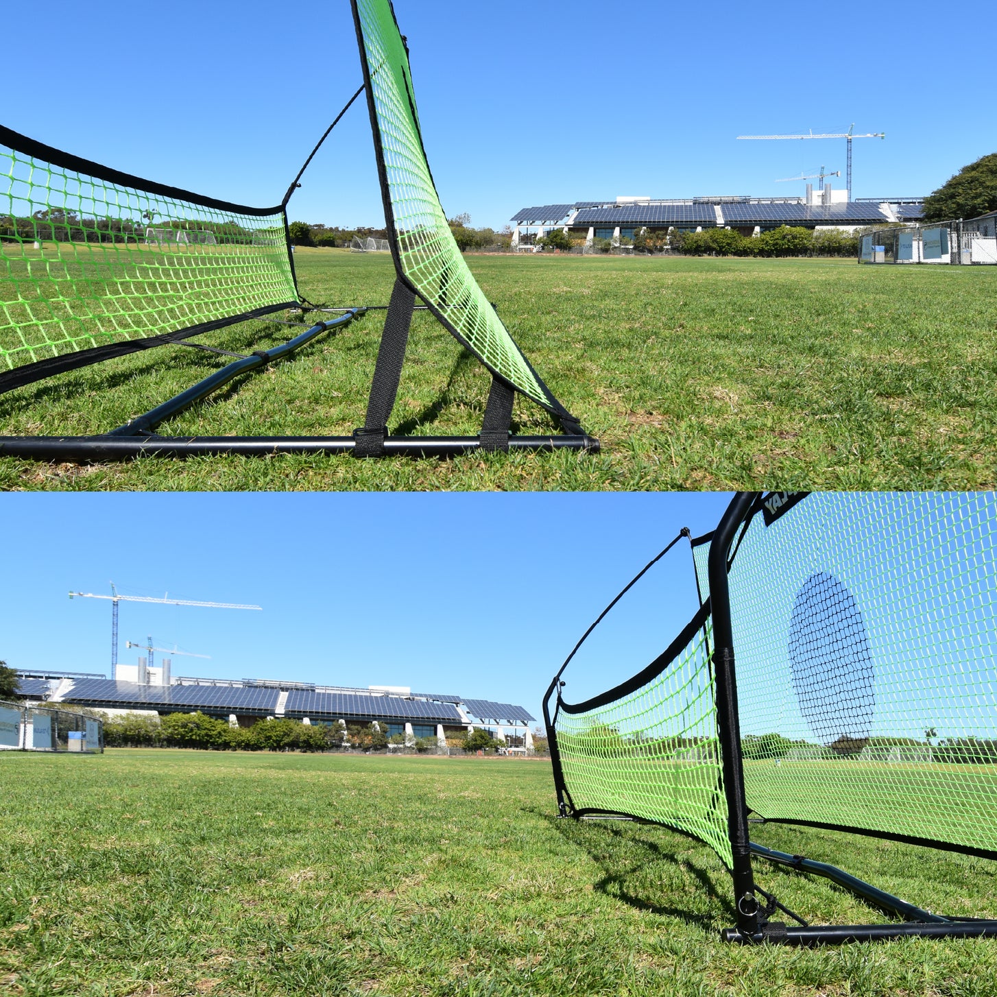 TEKKERS Trainer in due riquadri: primi piani dal basso del telaio nero e delle reti verdi, montati sull'erba.