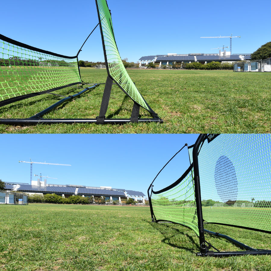 TEKKERS Trainer in due riquadri: primi piani dal basso del telaio nero e delle reti verdi, montati sull'erba.